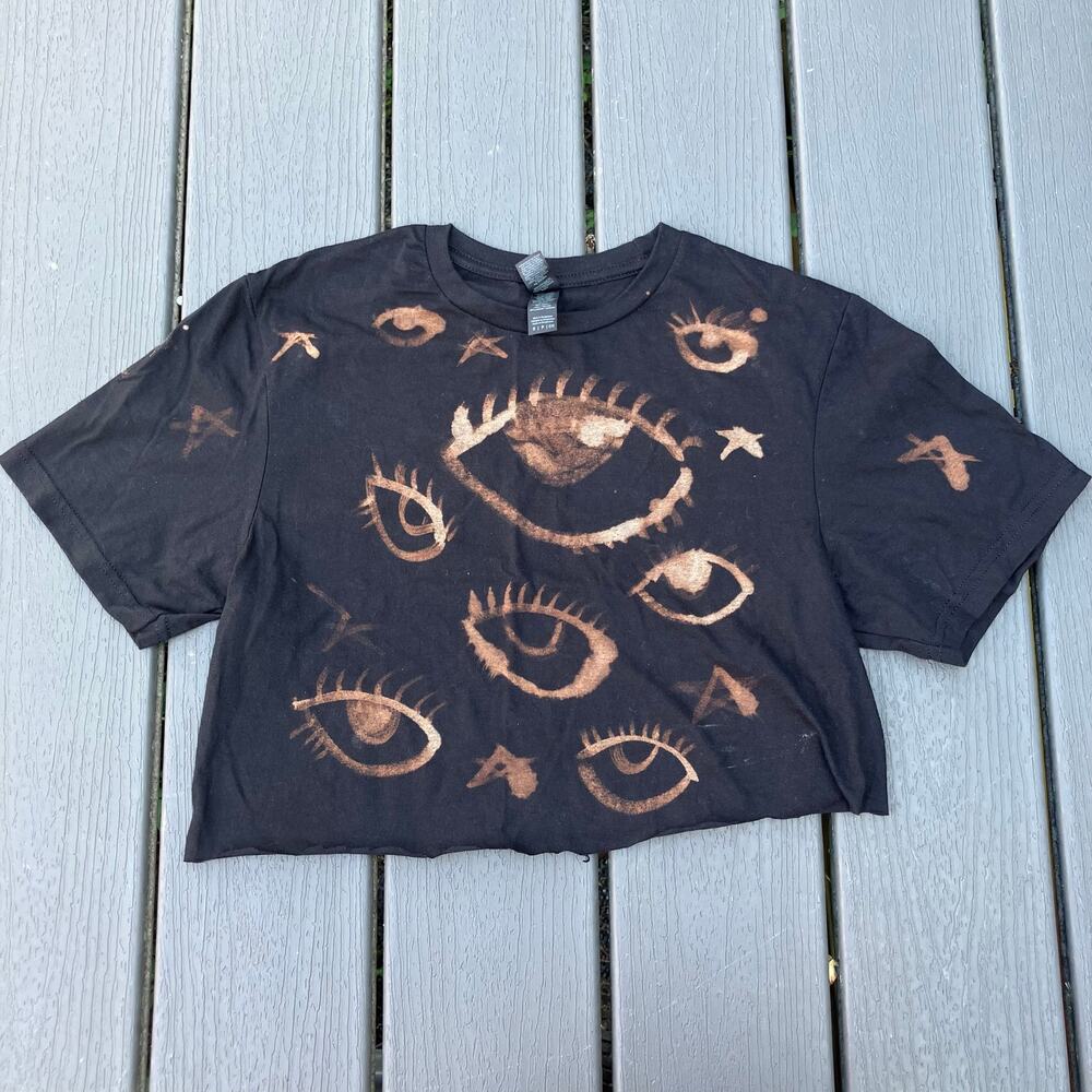 Black bleached eye pattern crop top with stars, whimsigoth Y2K grunge indie